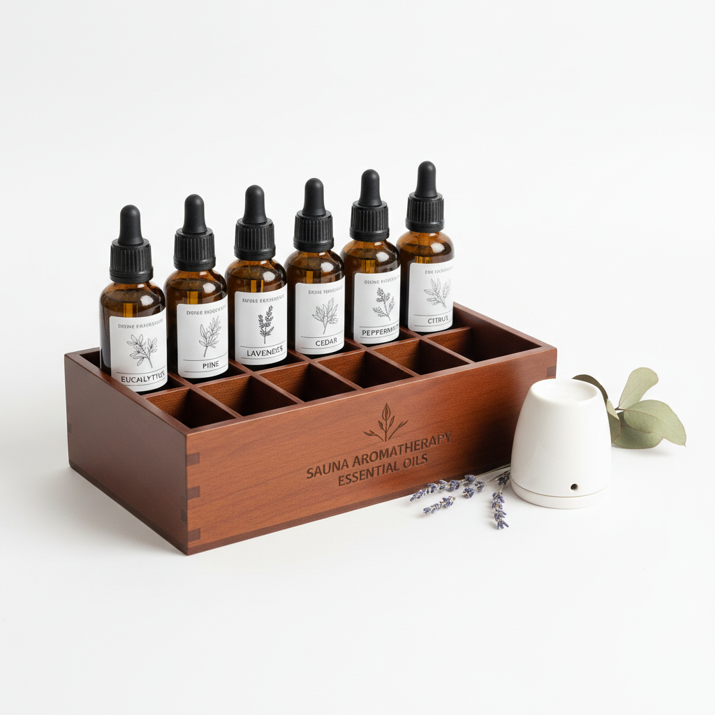 Premium Sauna Aromatherapy Essential Oil Set - 6 therapeutic grade oils in wooden gift box